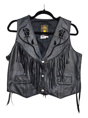 Vtg Gypsy Leather Fringe Vest Womens 14 Black Western Roses Conchos Made in USA